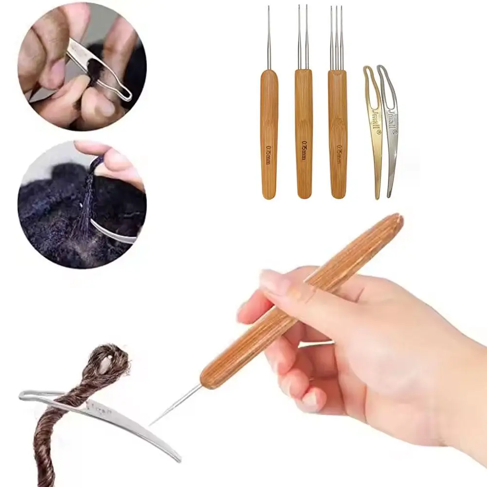 DIY Crochet Needle Hook Bamboo Handle Dreadlock Knit Hair Making Braiding Tool Braid Hair Weaving Tool Women Beauty 5Pcs