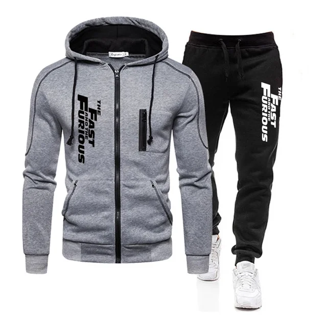 Autumn Winter Popular Mens Tracksuit Zipper Hooded Jacket+Running Pants 2 Piece Set Fast and Furious Print Casual Coat Clothing 4