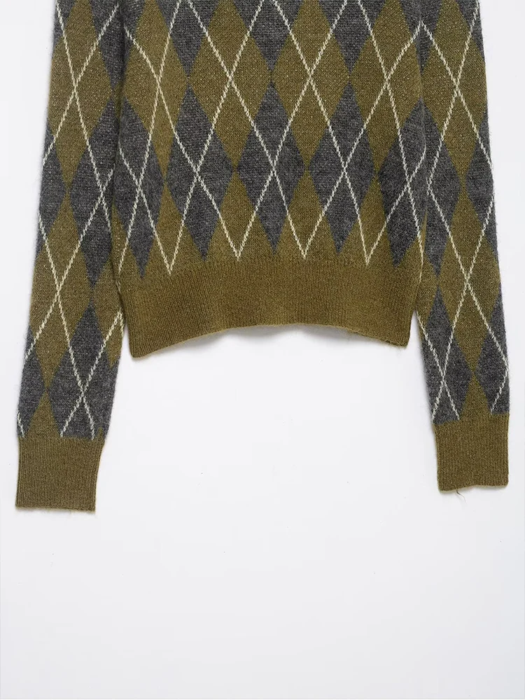 Women's Vintage Argyle Plaid Knitted Tops Causal Polo Collar Pullover Sweater Autumn New Ladies Classic Fashion Knitwear