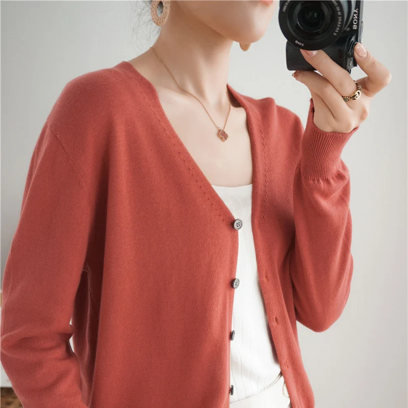 Autumn And Winter Women's V-neck Knitted Sweater 100% Knitted Long Staple Cotton Cardigan Basic Classic Korean Versatile Top SMY 4