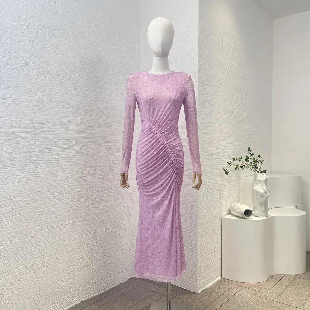 

2023 New Fashion Women Clothing Pink Shirring Pleats Long Sleeve Diamonds Bodycon Mermaid Midi Dress for Party