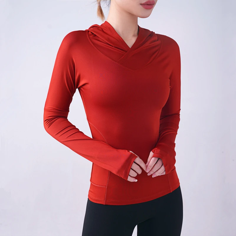 Women Yoga Shirt Long Sleeve Thumb Hole Running T-shirt Mesh Breathable Sport Hoodies Fitness Top Gym Workout Hooded Sweatshirts