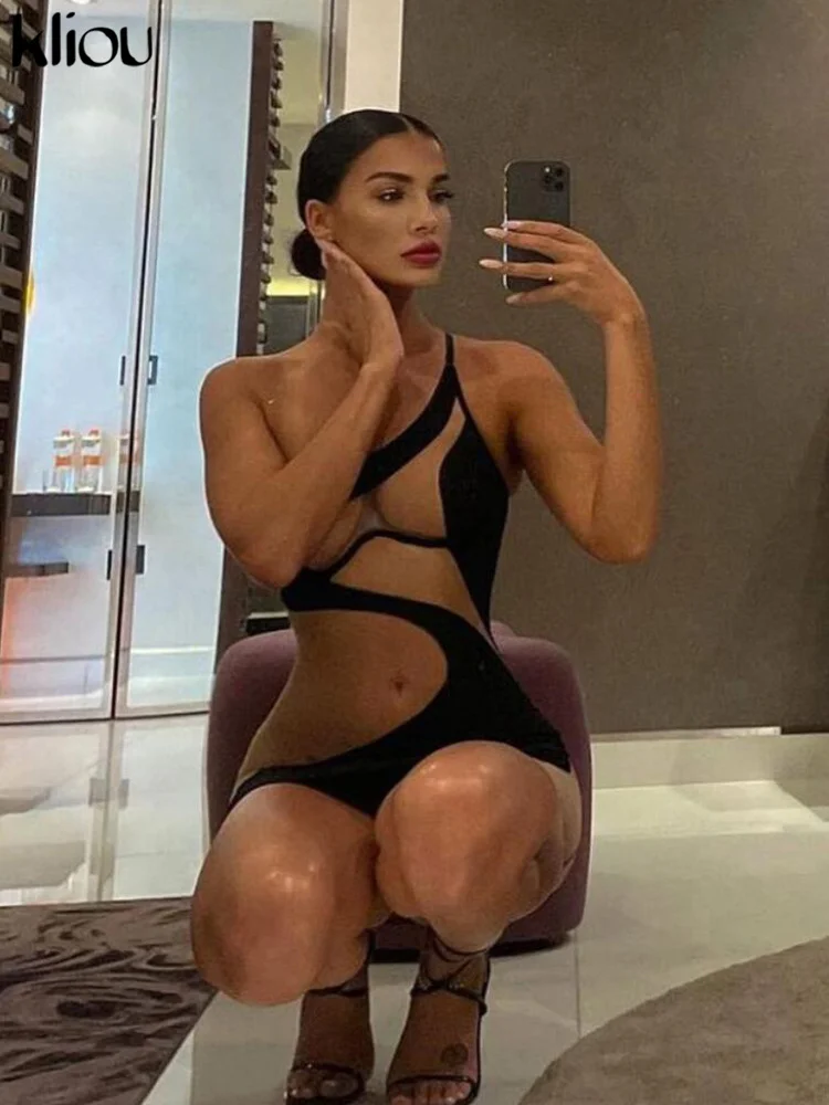 Kliou Patchwork Mini Dress Women Sexy Mesh One Shoulder High Waist Robe Girl Hot Bodycon Party Clubwear Female Midnight Skirt 4