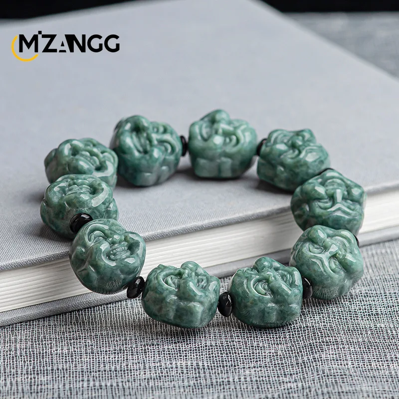 

Natural Myanmar Jadeite Maitreya Buddha Bracelet Hand-carved Bean Green Beads Jade Hand String Men's and Women's Fashion Jewelry