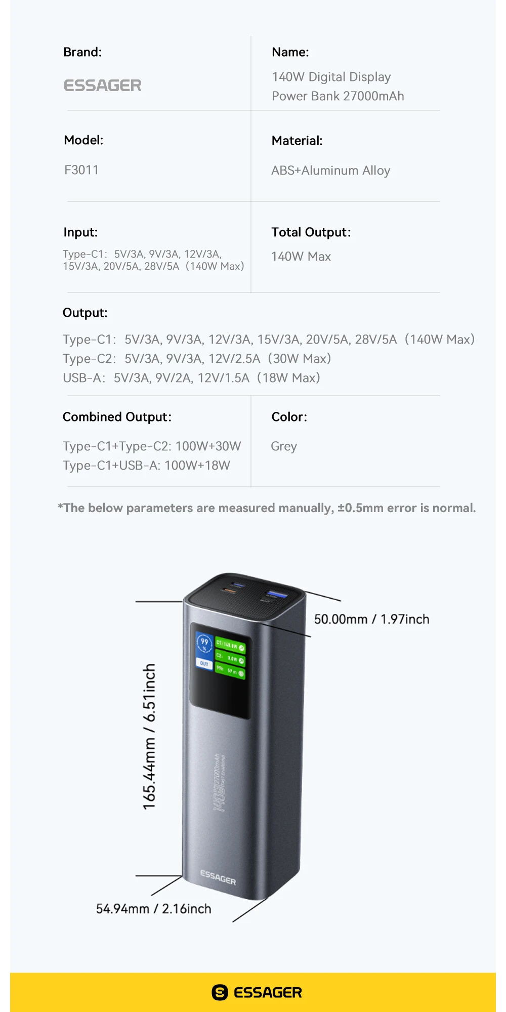 140W Power Bank 27000mAh PD3.1 Super Fast Charging Digital Display Portable Powe