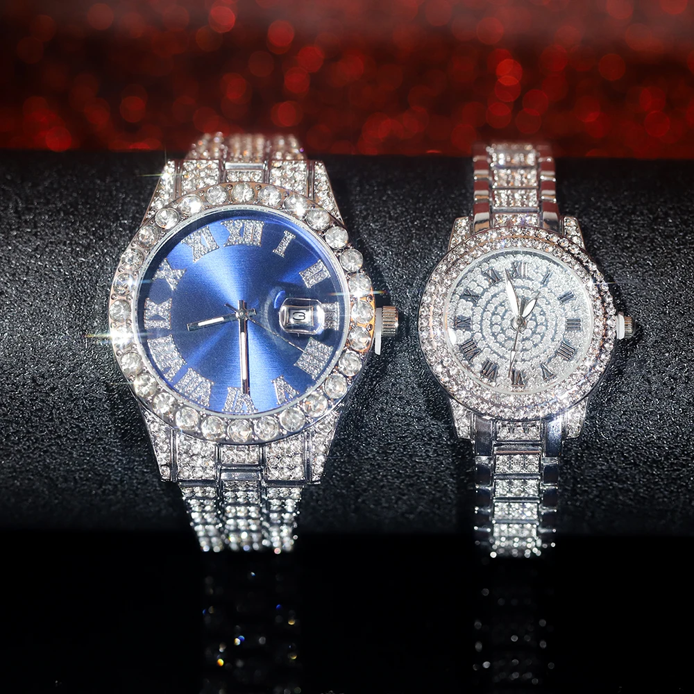 2pcs Iced Out Couples Watch Set Hip-hop Punk Men Royal Blue Watch+Women Inlaid Diamonds Watch Stylish Trend Party Jewelry Gift