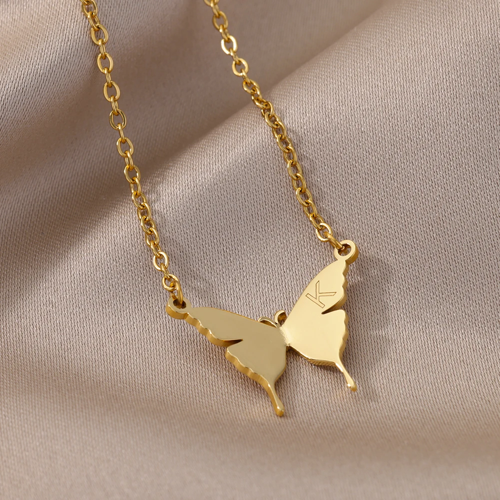 Necklace Stainless Steel Butterfly Initial Letter for Women