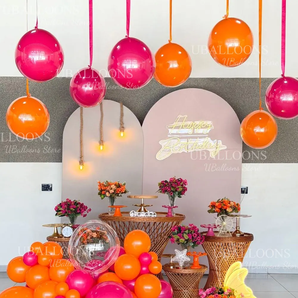 Vibrant Orange and Hot Pink Balloons with Satin Ribbon Bows - Set of 10 for Celebrations and Decor