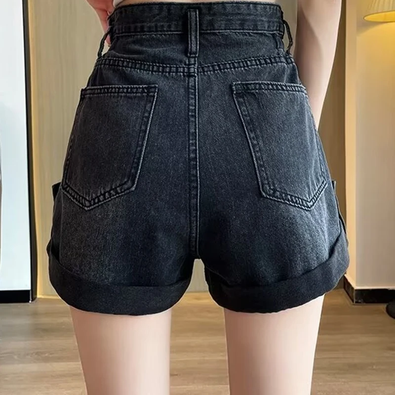 2024 여름 여성 반바지 바지 레이디 하이 웨이스트 루즈 하이 스트리트 데님 바지 여성 streetwear 블랙 그레이 와이드 레그 짧은 청바지