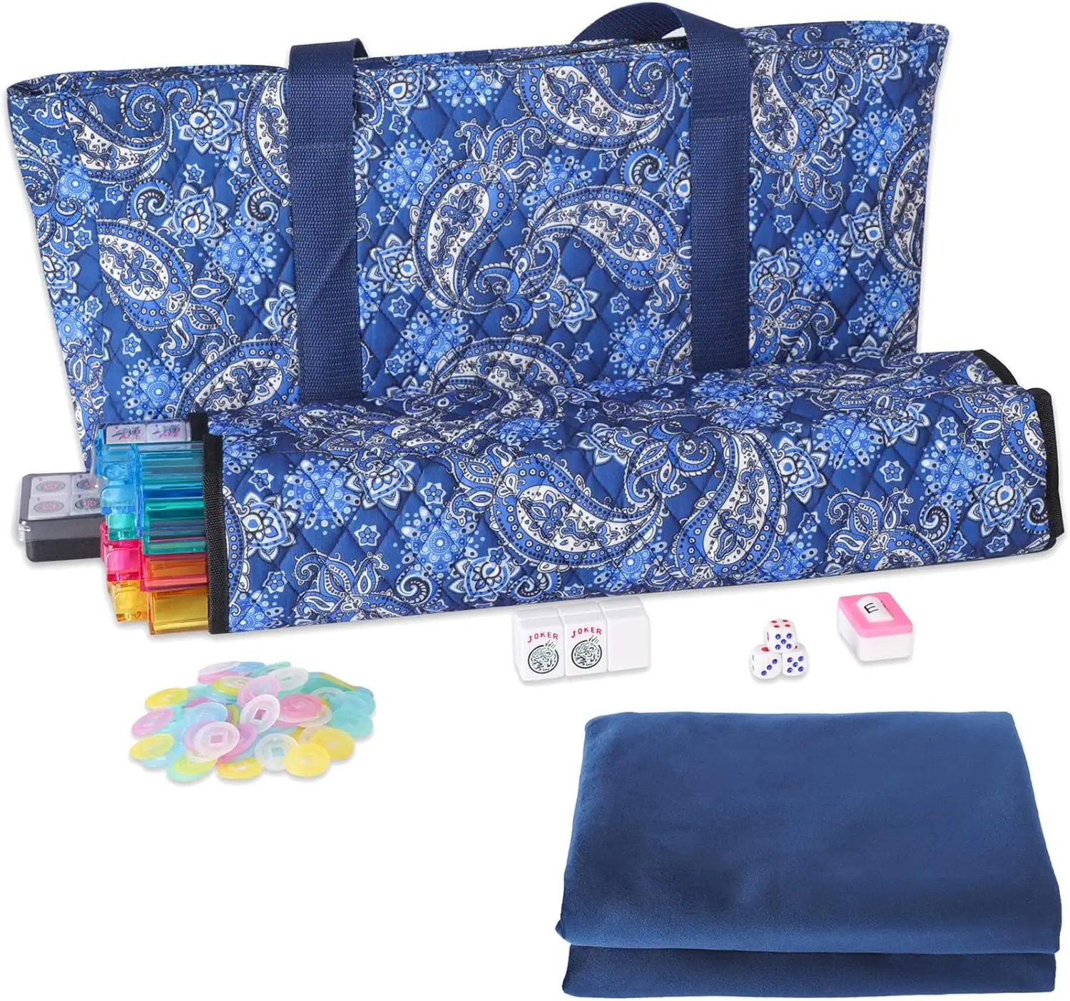 

GUSTARIA American Mahjong Set & Mahjong Table Cover (34in x 34in), 166 Premium White Tiles,4 All-in-One Color Rack/Pushers,
