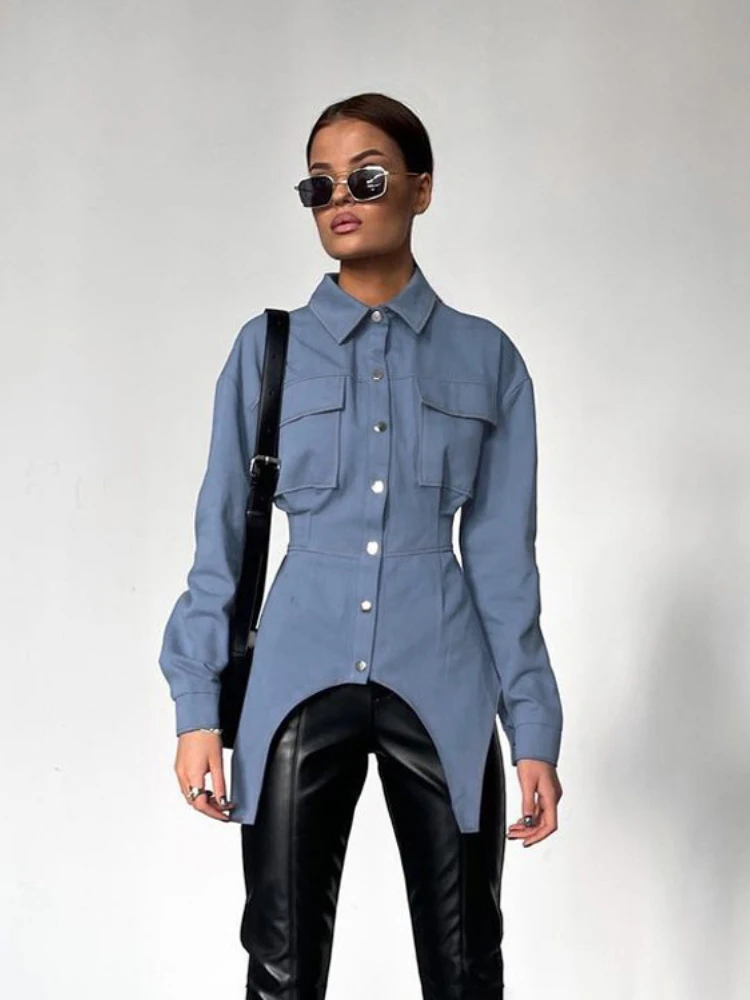 2024 New Women Fashion  Elegance Flip Collar Irregular Design Feeling Waist Closing Single Breasted Women's Long Sleeved Shirt