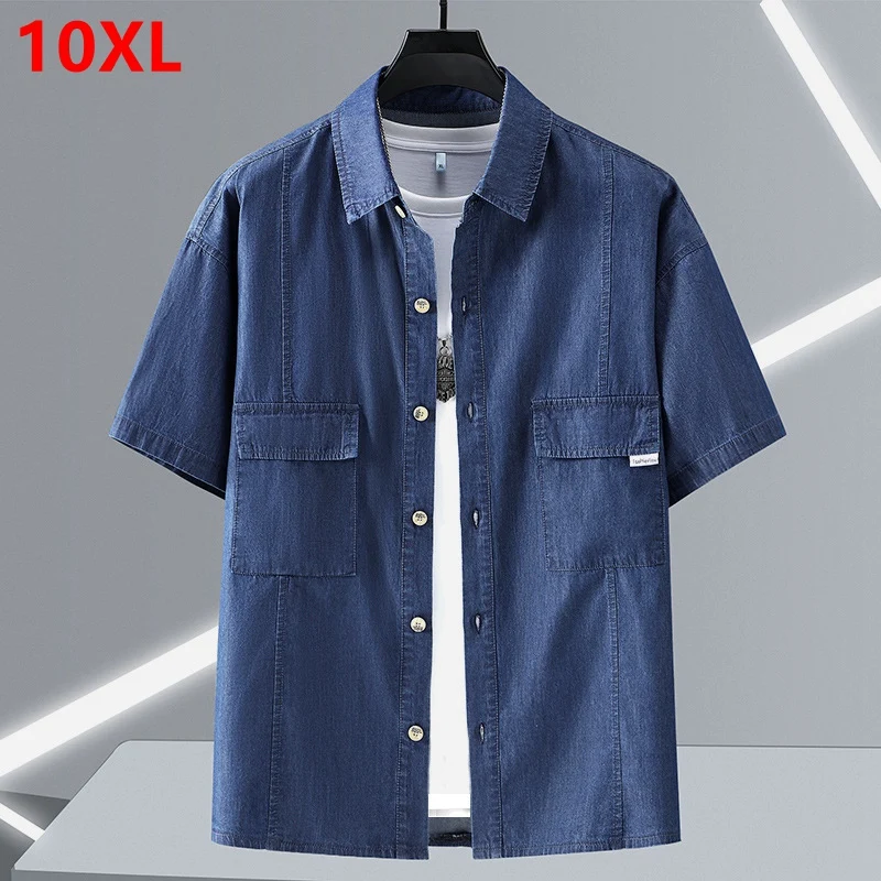 Men's Denim Short-sleeved Cotton Shirt 170kg 10xl 9XL mens shirts denim shirt