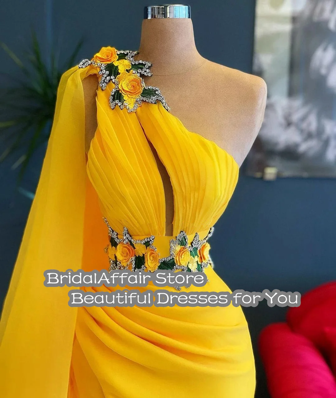 BridalAffair High Quality Yellow Prom Dress One Shoulder Appliques Slit Tulle Plus Size Women Long Formal Party Evening Gowns