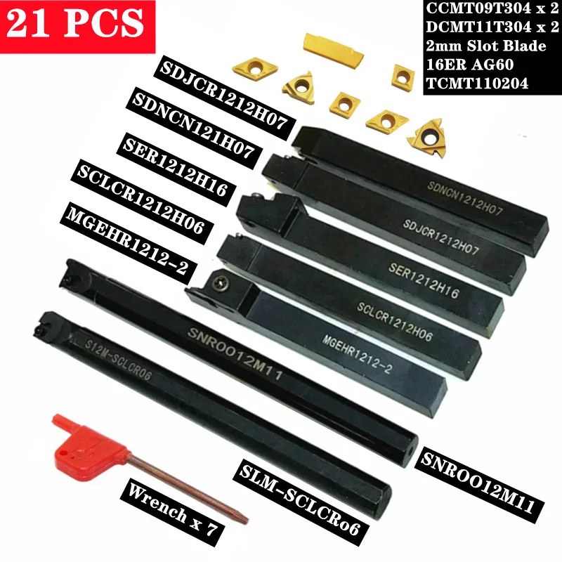21PCS 10mm/12mm Shank Lathe Turning Tool Holder Boring Bar Lathe Tools