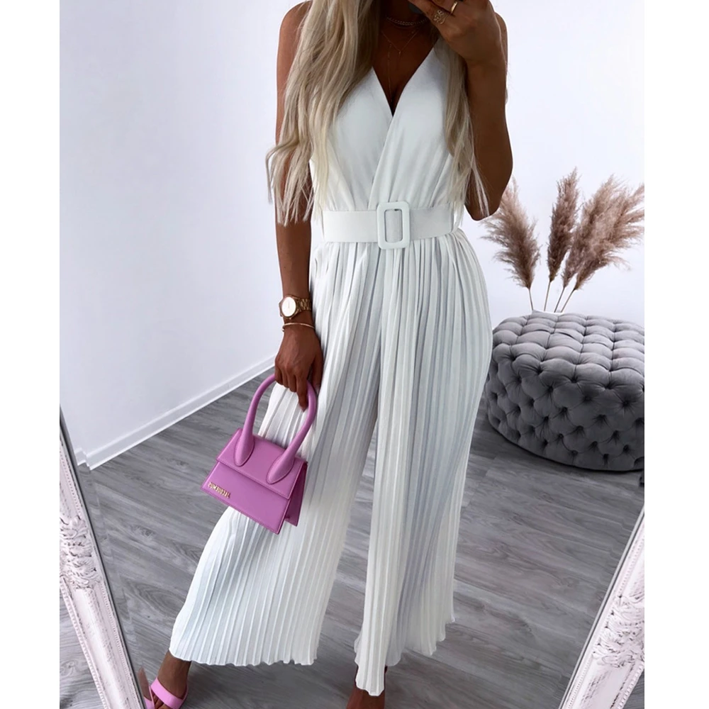 

Wepbel Yellow Sleeveless Jumpsuits Women Summer V-neck Cinched Pleated Jumpsuit-Belted Pleated Wide Leg Pants Rompers Jumpsuit