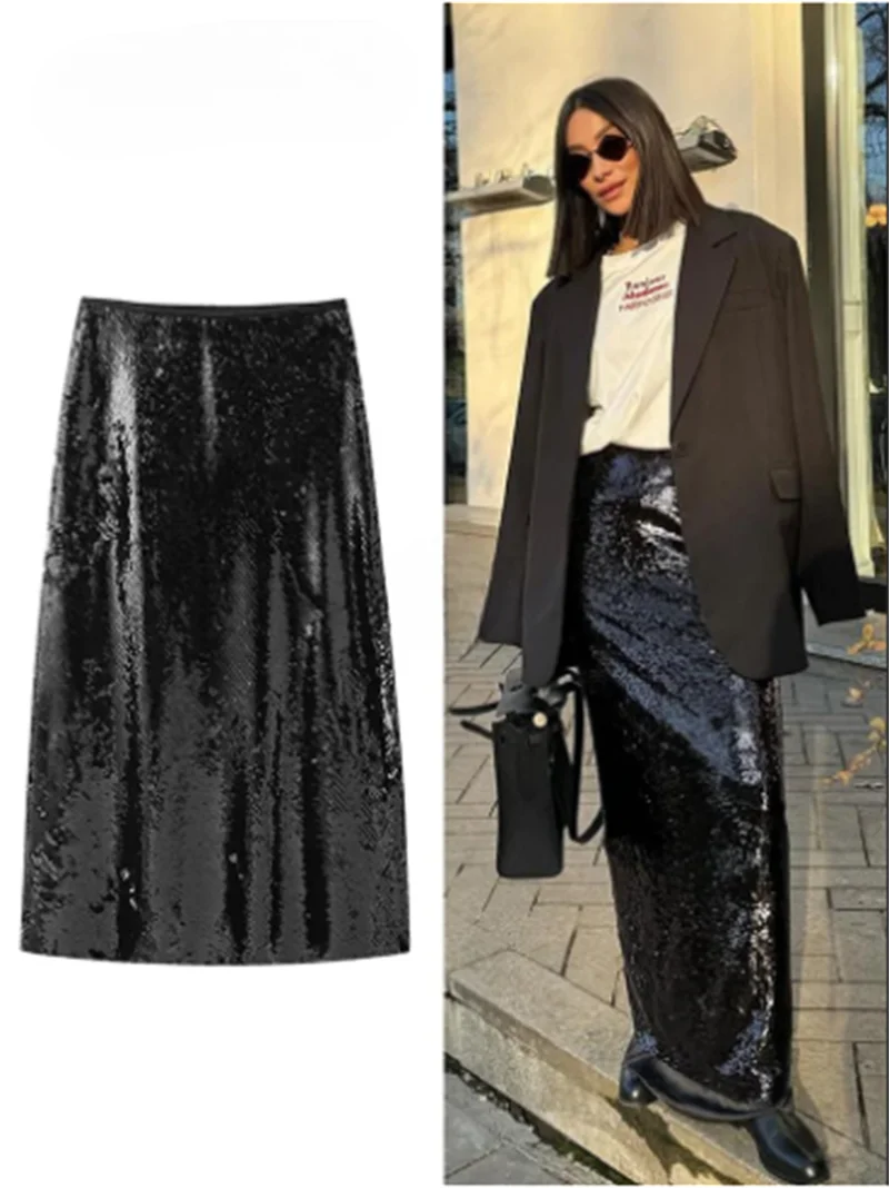 

TRAF Sequin Long Skirt For Woman Vintage High Waist Midi Skirts 2024 Autumn Winter Black Women's Skirts Streetwear Fashion Skirt