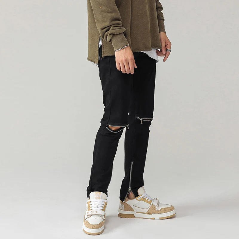 High Street Fashion Men Jeans Elastic Stretch Slim Fit Ripped Jeans Men Black Punk Trousers Zipper Designer Hip Hop Pants Hombre