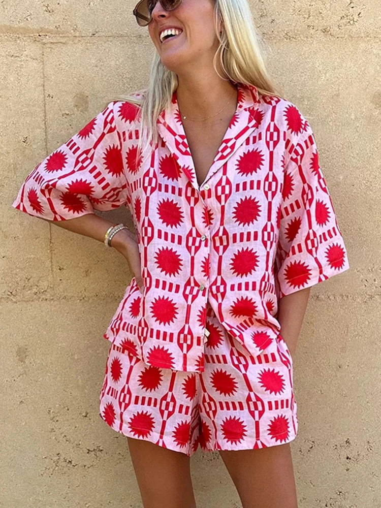 2 Pieces Set Sexy Fashion Women Set Female Tops Flower Print Short Sleeve Shirt And Elastic Waist Shorts Suit 2023 Autumn Summer