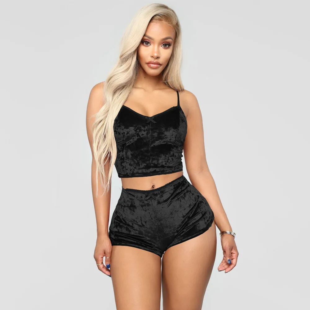 Ling 2Pcs Women Sexy Strappy Pajama Set Women's Velvet Polyester Comfortable V-neck Underwear Home Clothes Sleepwear Sleeveless