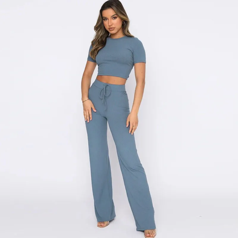 

Fashion casual suit female solid color high elastic pants two-piece sets short shirt and long pants wholesale tracksuits women