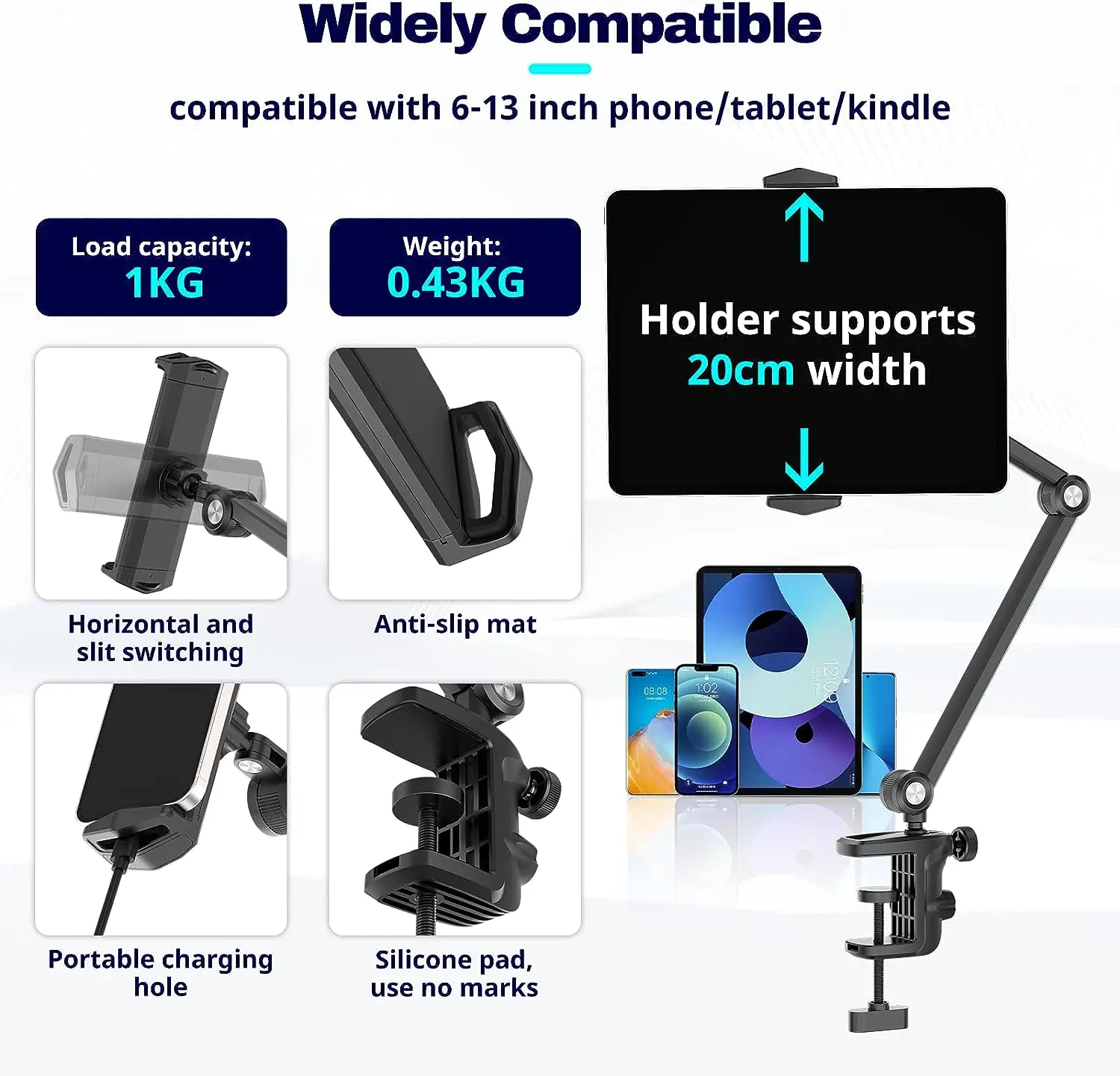 VIJIM HP006 Tablet Holder iPad Stand Desk Mount for Smartphone iPad Pro Air with Flexible Arm 360° Adjustable Tablet Mount