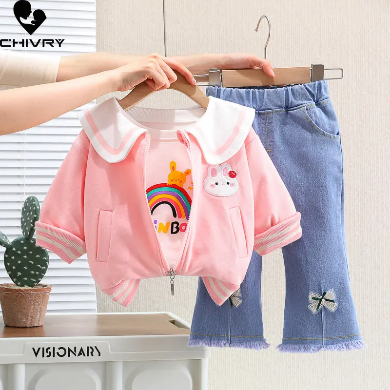 

Girls Fashion Three-piece Clothing Sets New 2023 Kids Baby Spring Cartoon Rainbow Rabbit Lapel Coat with Jeans Casual Clothes