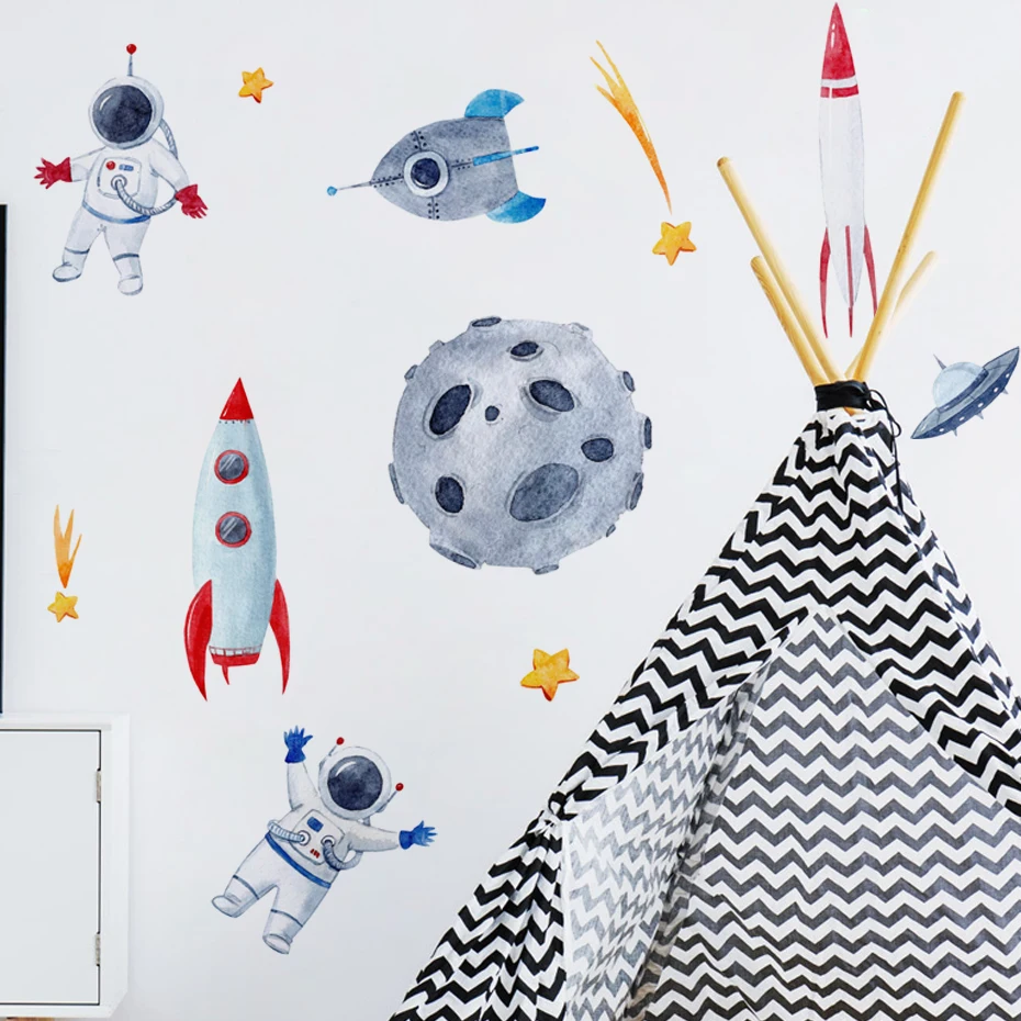 Removable Watercolor Astronaut Wall Decals – Peel & Stick Planet Wall Stickers For Kids' Bedroom, Nursery, Playroom (Grey Space Theme)