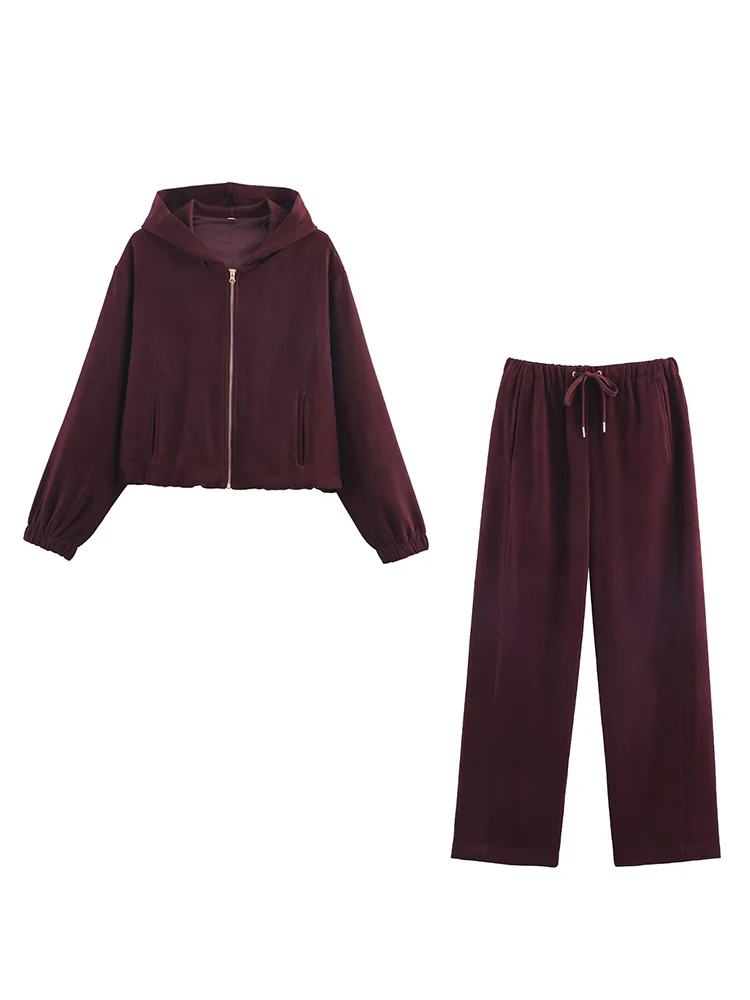 Women Casual Sweatshirt Pant Suit Long Sleeve Hooded Zipper Coats With Pocket Loose Straight Trousers Ladies Solid Sets