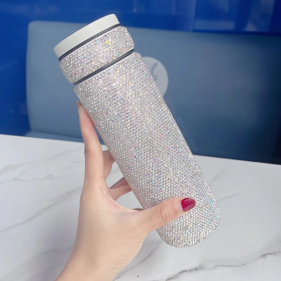 

Portable LED Thermos Cup Temperature Display Diamond 304 Stainless Steel Rhinestones Vacuum Insulated Tea Separation Water Mug