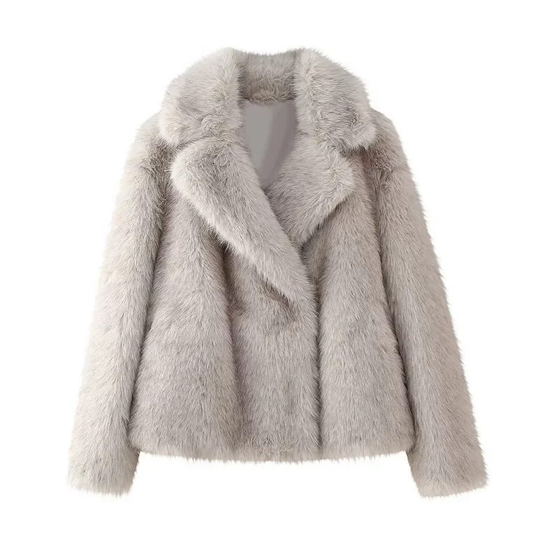 Fluffy Faux Fur Coat Women Elegant Loose Lapel Plush Long Sleeve Buckle Thick Jacket Autumn Winter Solid Warm Overcoat New