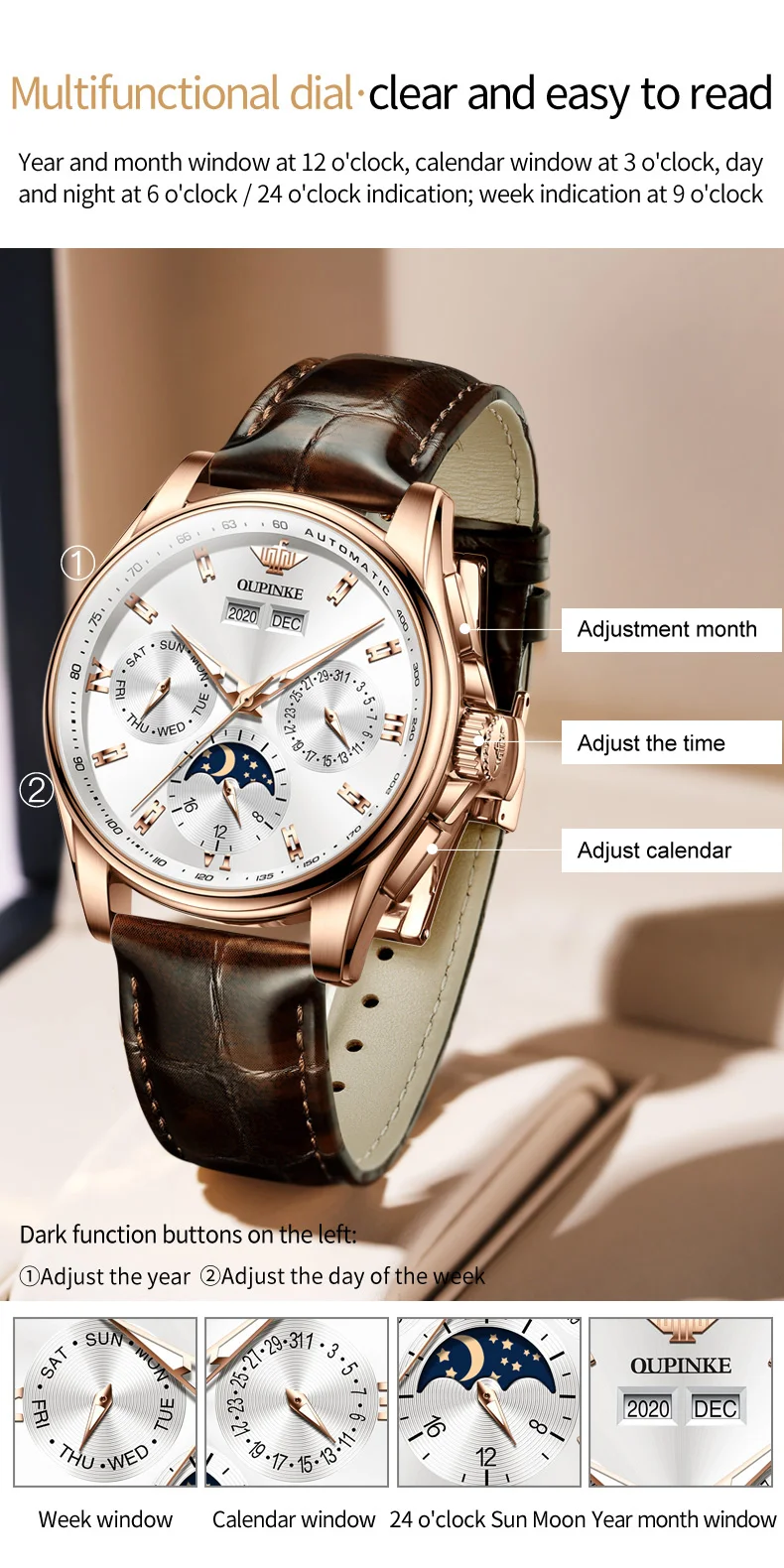 OUPINKE 3189 Luxury Men's Watch Chronograph Automatic Mechanical Watches Leather Band Waterproof Moon Phase Wristwatch Casual