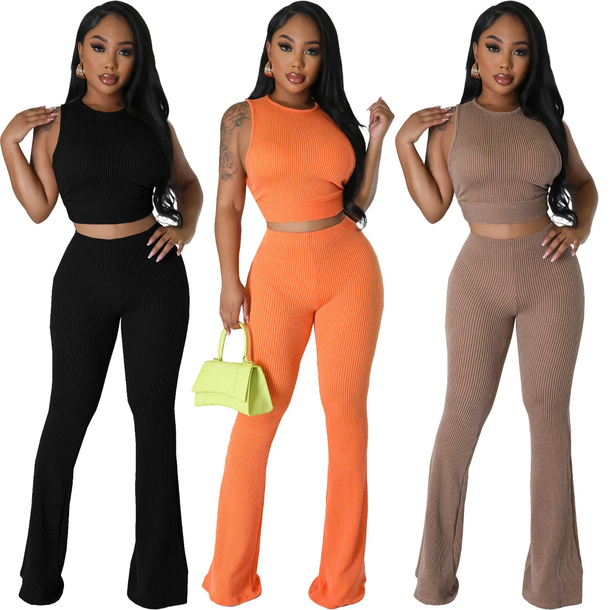 

Aniow Rib Sleeveless Round Tank Top Crop Top Flare Pants Set Hight Stretch Tracksuit Women Street Summer Outfits Two Piece Set