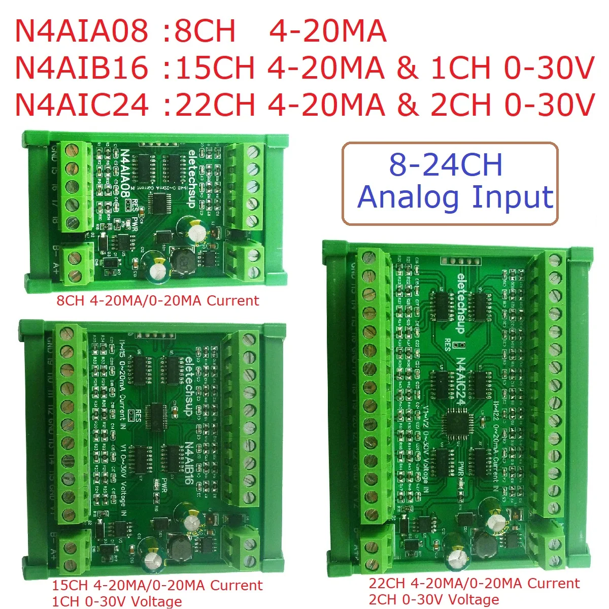 

2CH 0-30V Voltage & 22CH 4-20MA Current Input RS485 AI Module 24CH 12-bit ADC Collector Board MODBUS RTU PLC IO