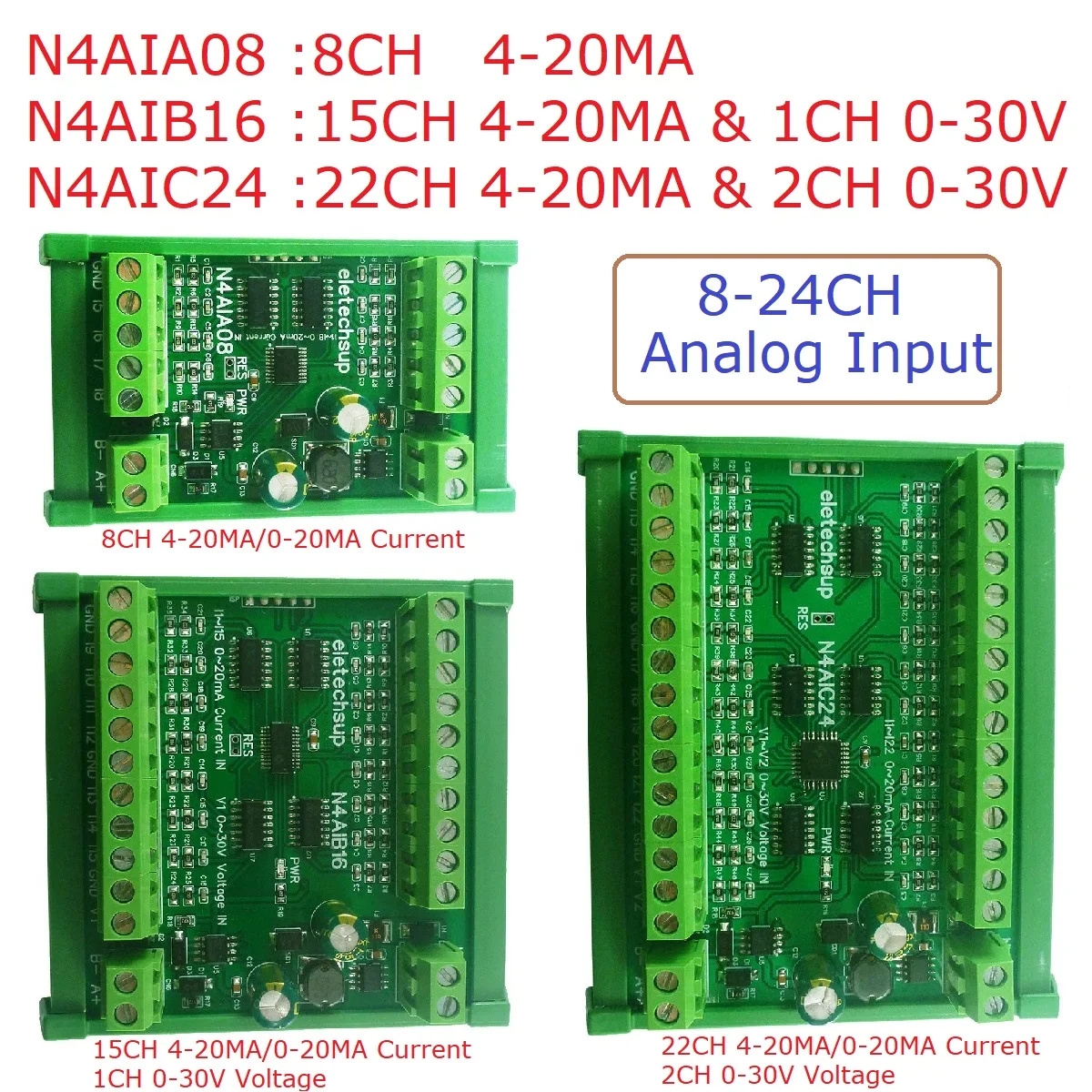 24CH 12 비트 ADC 컬렉터 보드, MODBUS RTU PLC IO 22CH 4-20MA 전류 및 2CH 0-30V 전압 입력, RS485 AI 모듈