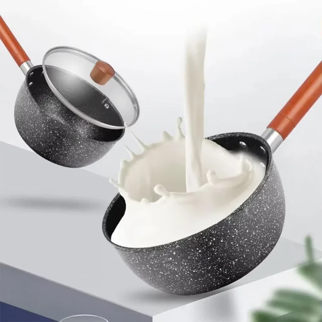 Pentola per il latte antiaderente Manico in legno Pentola per zuppa universale in stile giapponese con coperchio e beccuccio versatore Pentola per alimenti per bambini 3