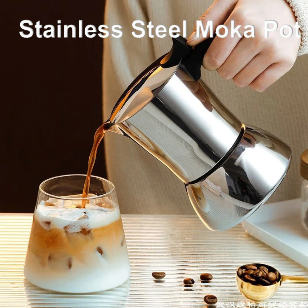 4-10 Cups Mocha Pot Stainless Steels Italian Coffee Maker Extraction Coffee Pot Espresso Utensils for Induction Cooker Gas Heat
