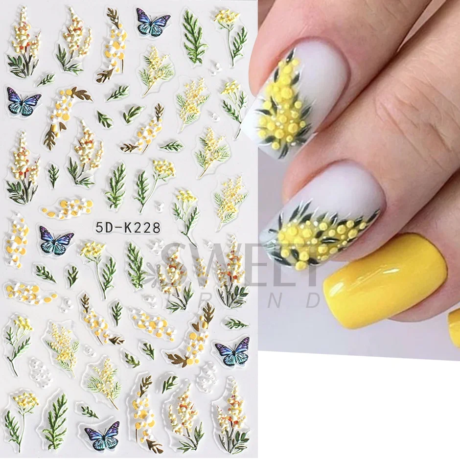 Nail Stickers Nail Art Decoration Nail Decals Flower Stickers 5D Embossed Violet Iris Flower Nail Sticker Purple Floral Sliders Sunflower Daisy Design For Nail Art Manicure Decoration SA5D-K