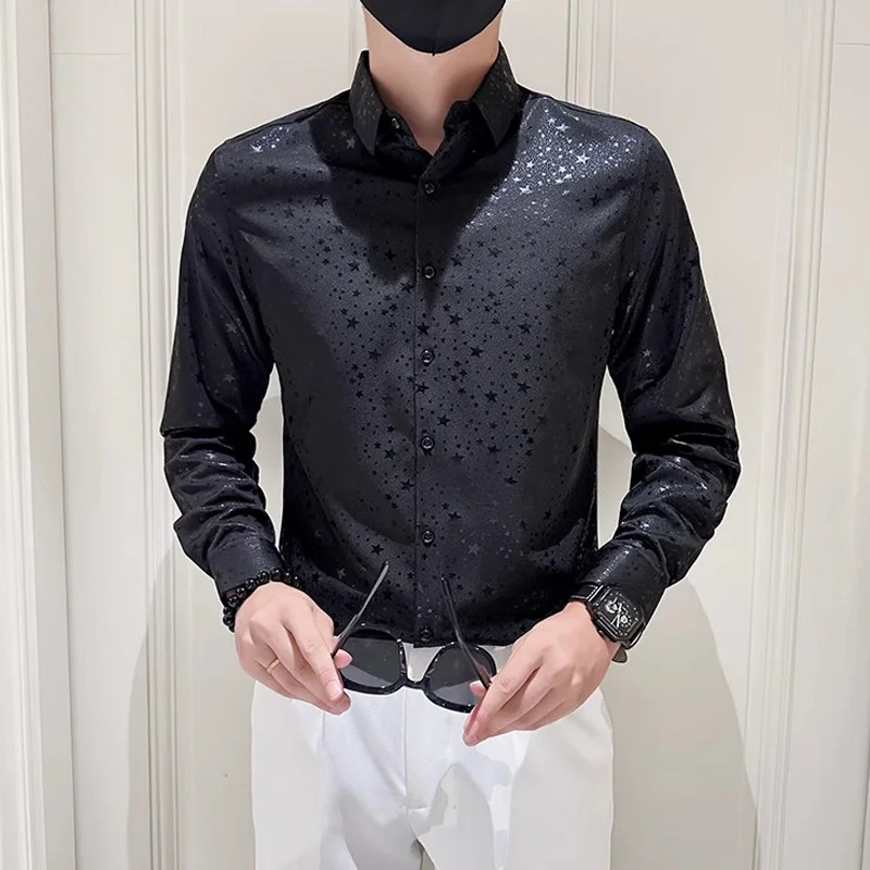

Fashion Streetwear Men Clothing High Quality Star Printed Buttons Slim Long Sleeve Mens Casual Shirts Club Social Blouse Men 4XL