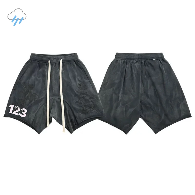 

Summer Vintage Washed Black Sanskrit Print Classic Logo RRR123 Shorts Men Women Hip Hop Spliced Drawstring Breeches Inside Tag