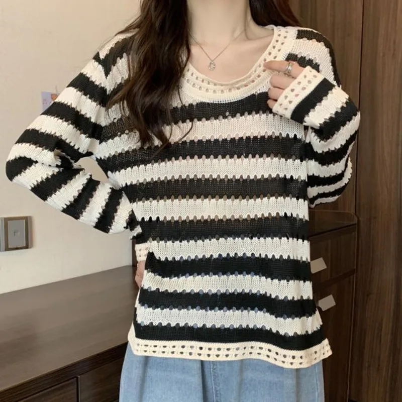 

DAYIFUN Hollow Out Design Knitted Pullovers Women's Large Size Round Neck Stripe Versatile Sweaters Chic Autumn Loose Jumpers