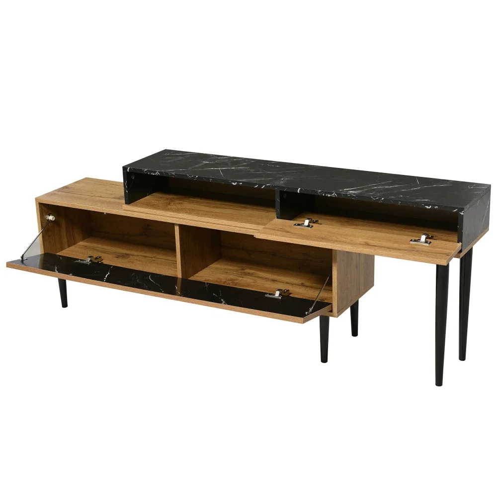 Moderner TV-Ständer mit Marmor- und Holzschnitzerei-Design, PVC-Kante, Eisenbeine, dunkle Holzfarbe, platzsparend, langlebig und langlebig – Detail 16