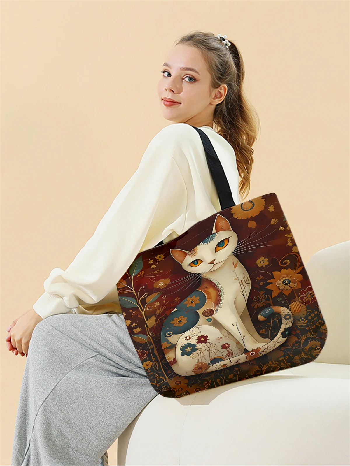 1pc,flower cat handbag, reusable fashionable handbag, multifunctional handbag, printed canvas shopping bag