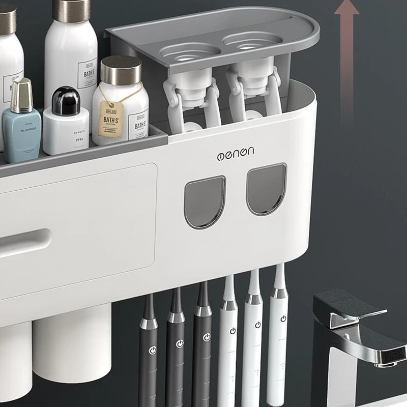 Magnetic Toothbrush Holder Storage Rack Automatic Toothpaste Dispenser Wall-Mounted Waterproof Bathroom Storage Accessories Set