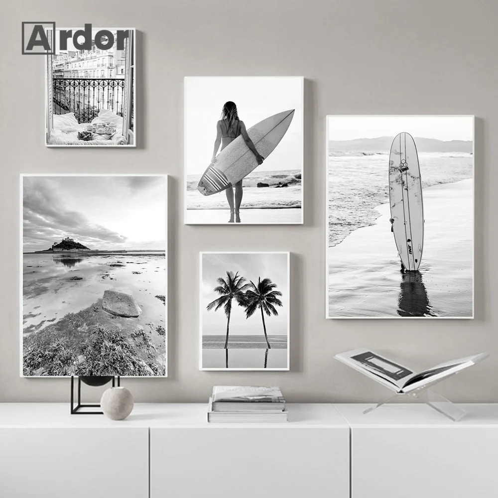 

Black and White Girl Surfing Beach Palm Tree Art Canvas Painting Nordic Poster Bicycle Print Wall Picture Living Room Home Decor