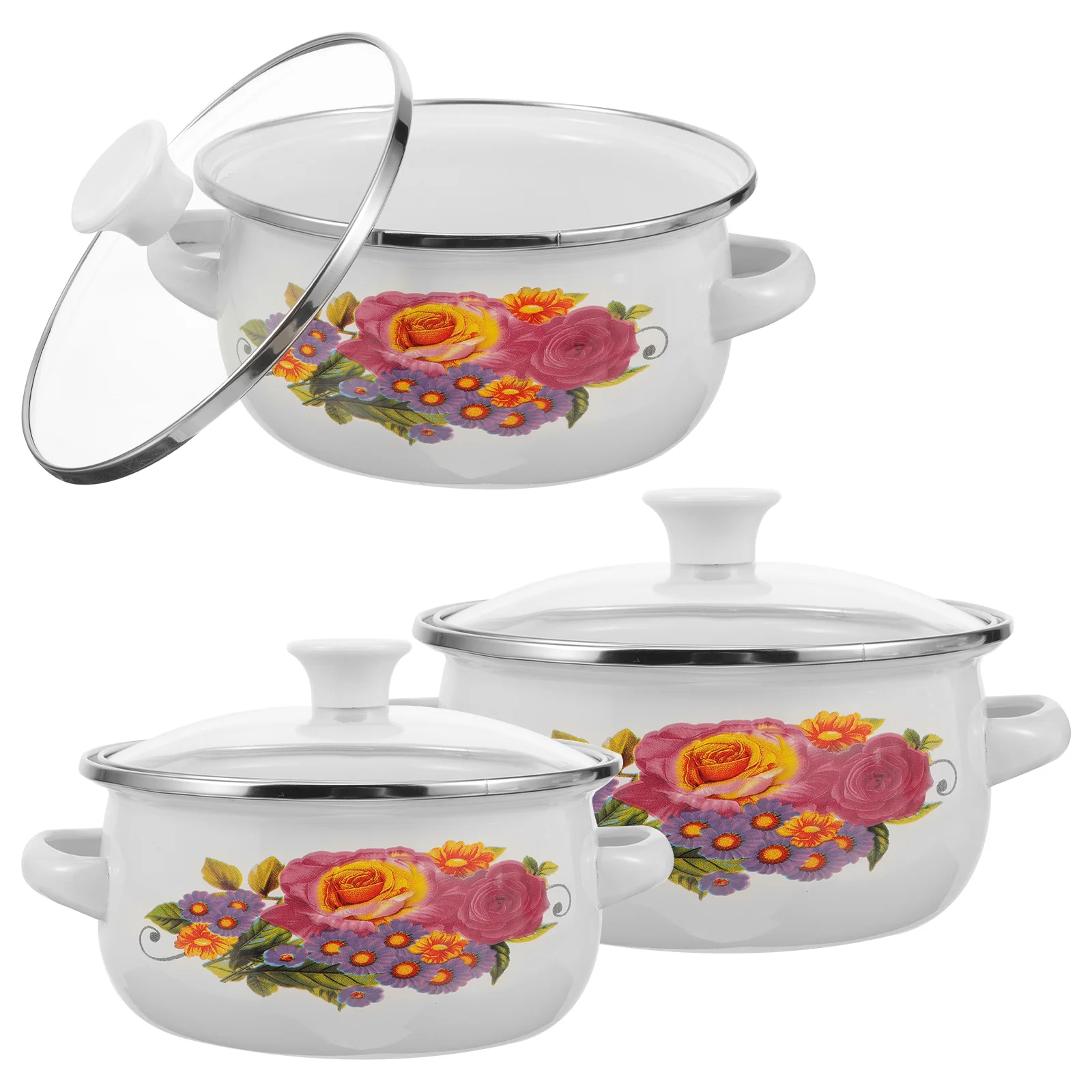 

Kitchen Enamel Stockpot Lid Retro Flower Enamel Stockpot Stew Bean Cooking Pot Vintage Soup Pot Handles Nonstick Cookware