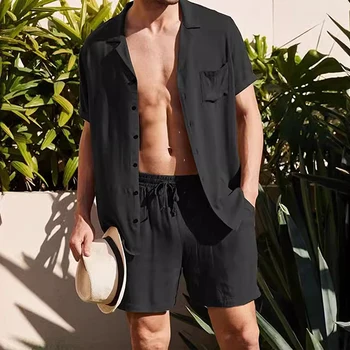 Men s Casual Two Piece Linen Outfit with Short Sleeve Button-up Shirt and Elastic Waist Shorts in Solid Color 3