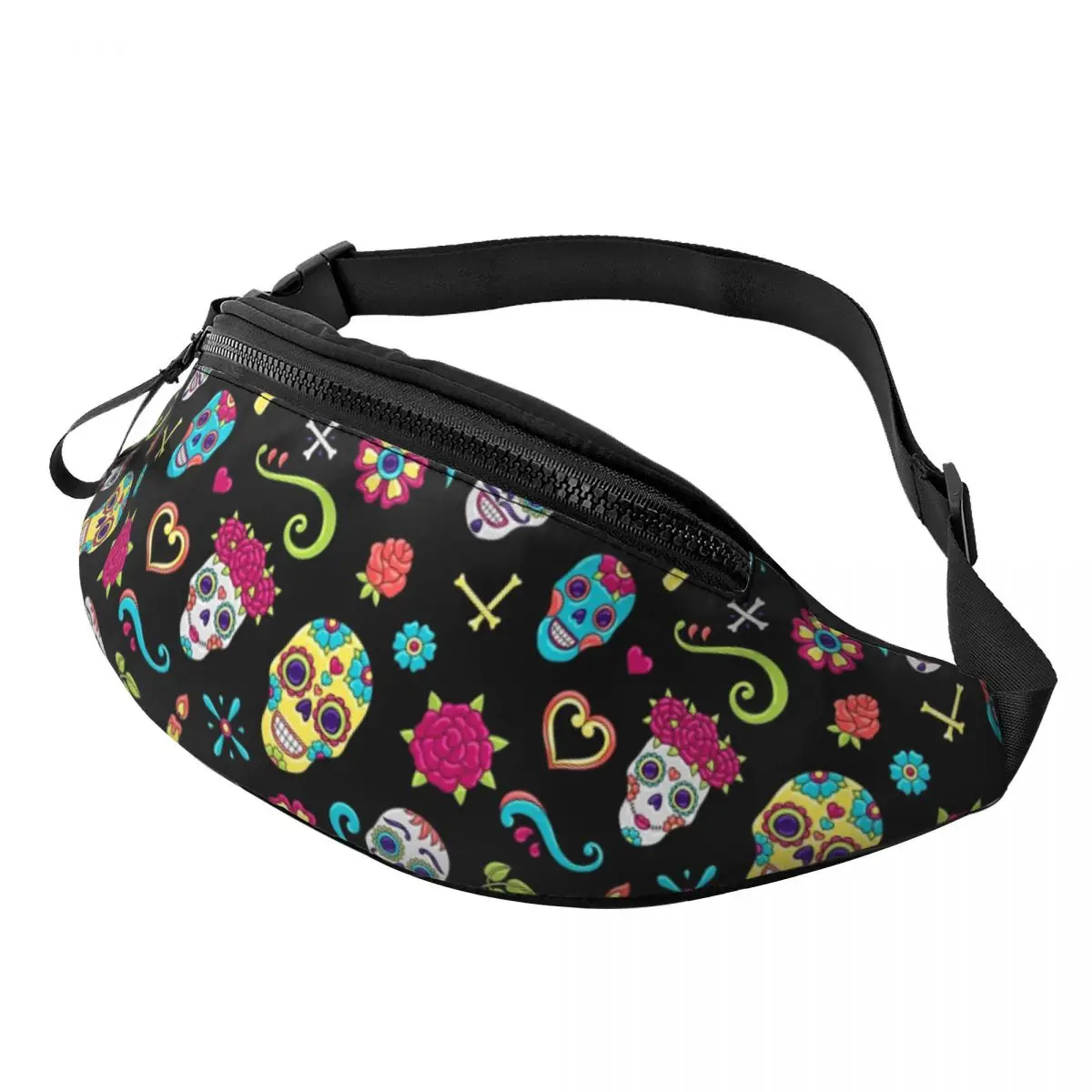 

Sugar Skull Pattern Fanny Pack Women Men Custom Mexican Crossbody Waist Bag for Traveling Phone Money Pouch