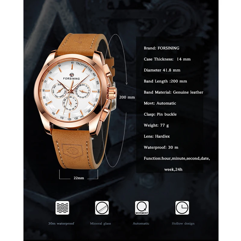 FORSINING Sports Automatic Mechanical Mens Wrist Watch Luminescent Analog Auto Day Date Suede Leather Strap Business Male Clock_voghion.com