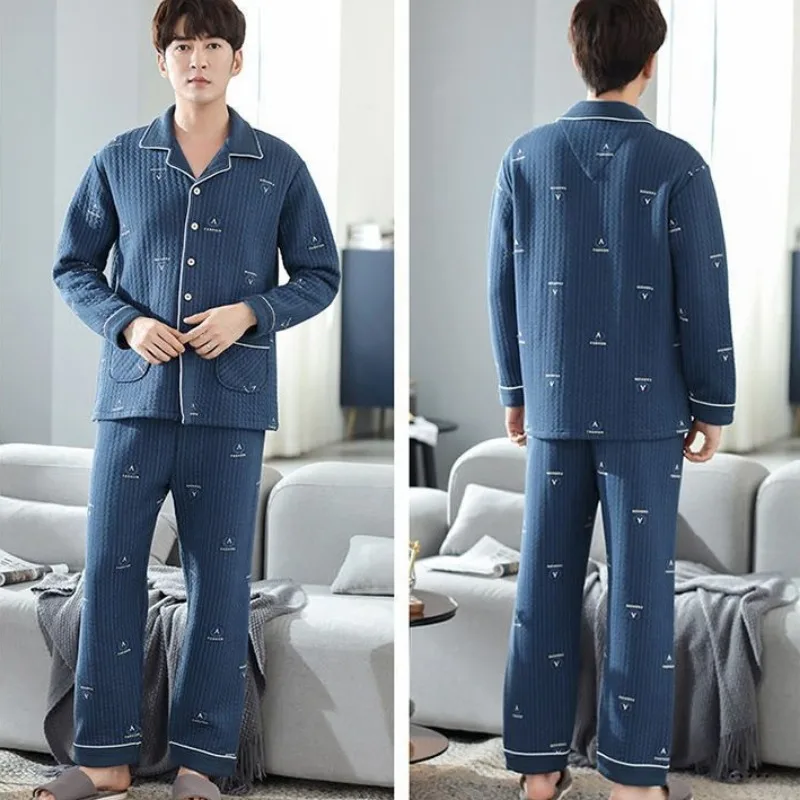 2024 New Pajamas Men's Spring Autumn Thickened Cotton Sleepwear Winter Thin Padded Air Cotton Sandwich Homewear Men's Loungewear