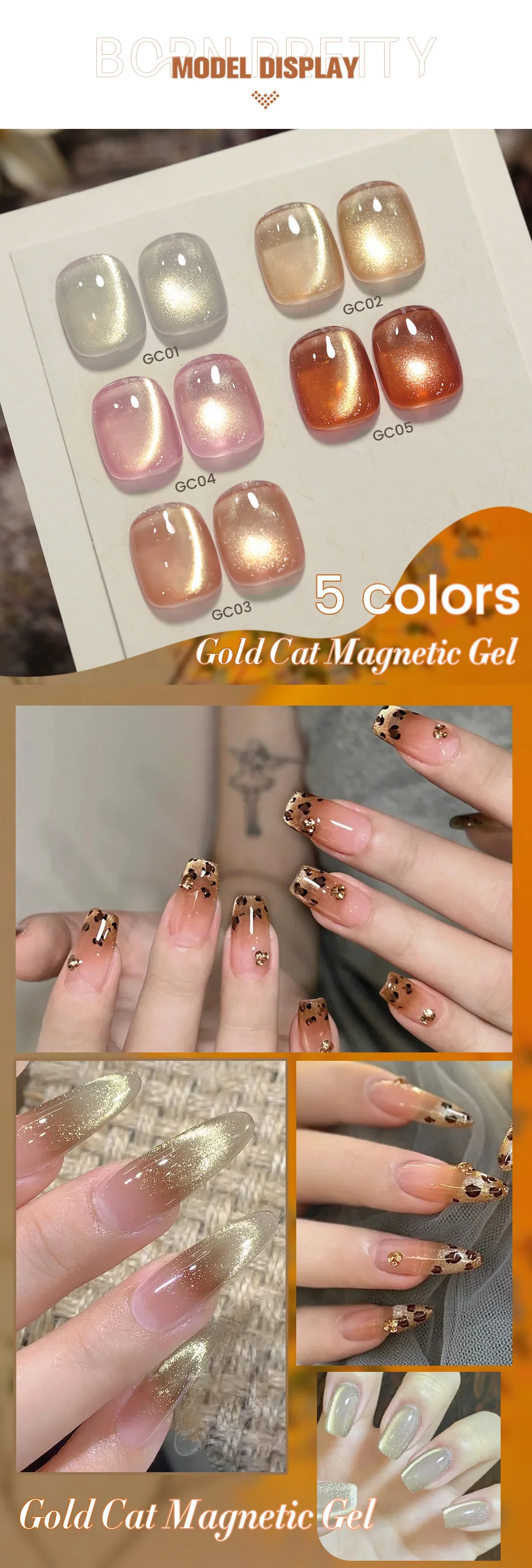 Description Picture 5 of itemBORN PRETTY 10ml Gold Sparkling Glitter Cat Magnetic Gel Nail Polish Semi Permanent Soak off UV LED Nail Gel Varnish Manicure